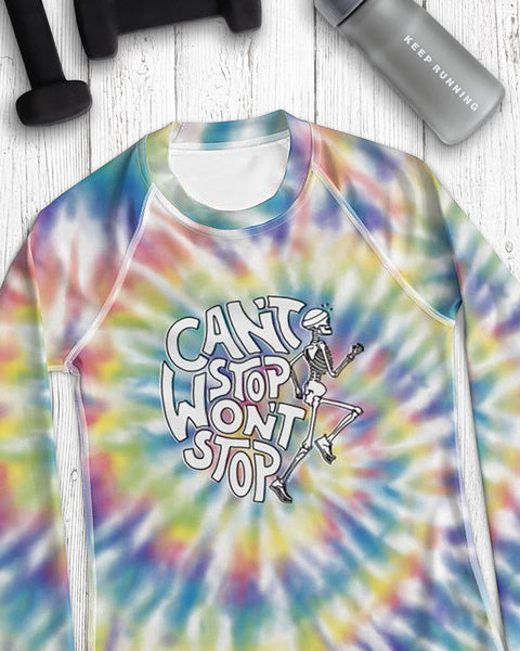 Can't Stop Won't Stop – Running Skeleton – Women's Performance Long-Sleeve – Rainbow Tie-Dye