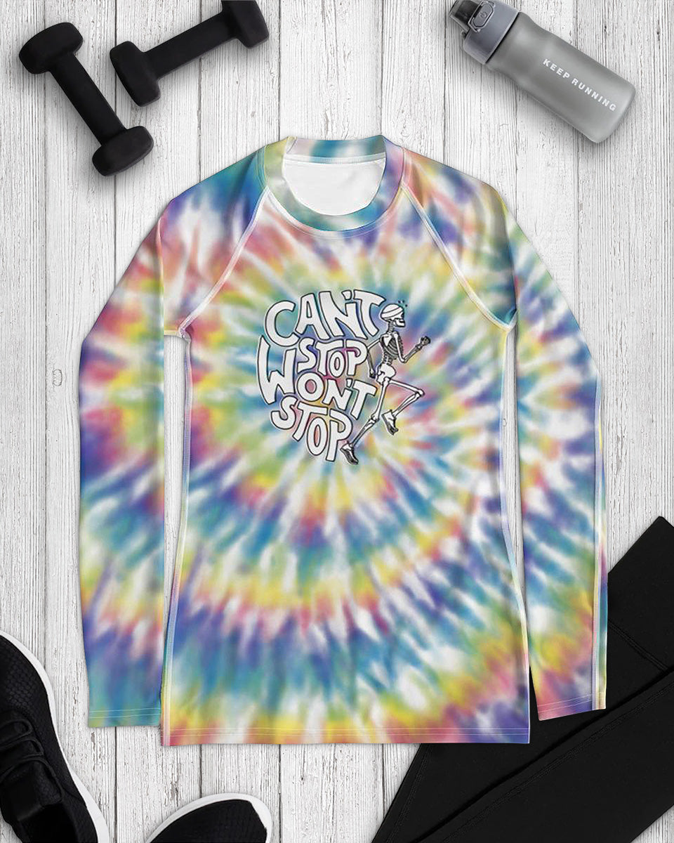 Can't Stop Won't Stop – Running Skeleton – Women's Performance Long-Sleeve – Rainbow Tie-Dye