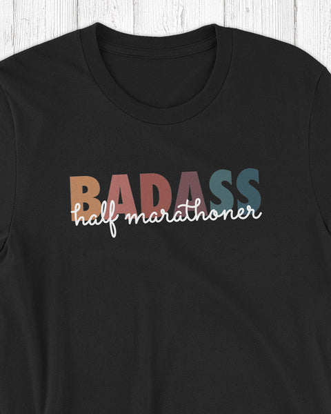 close up badass half marathoner t-shirt black for runners