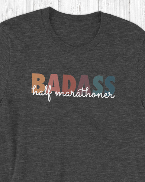 close up badass half marathoner t-shirt dark grey heather for runners