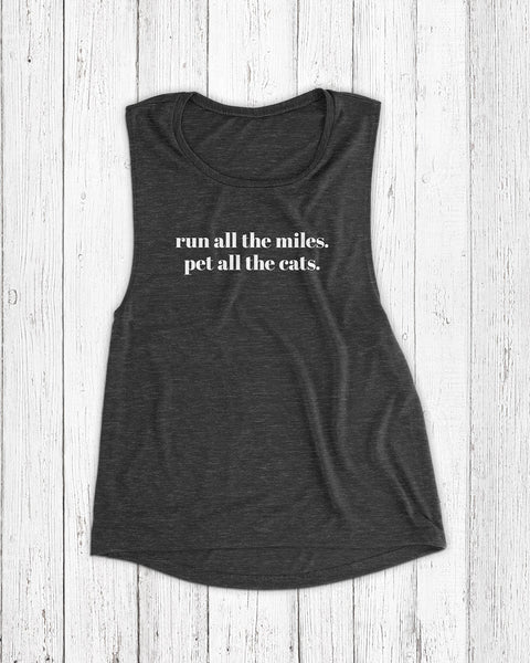 run all the miles pet all the cats black slub tank top for cat lovers and runners