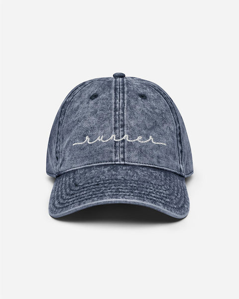 runner script navy vintage hat