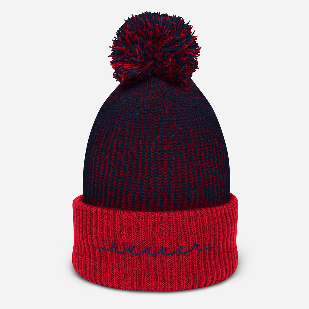 Runner – Navy/Red Speckled Pom Beanie